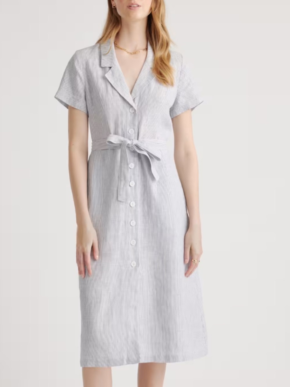 Quince 100% European Linen Button Front Midi Dress Blue Pinstripe S